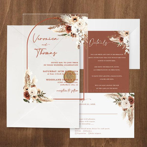 Boho Terracotta Arch Acrylic Wedding Invitations CWIA299